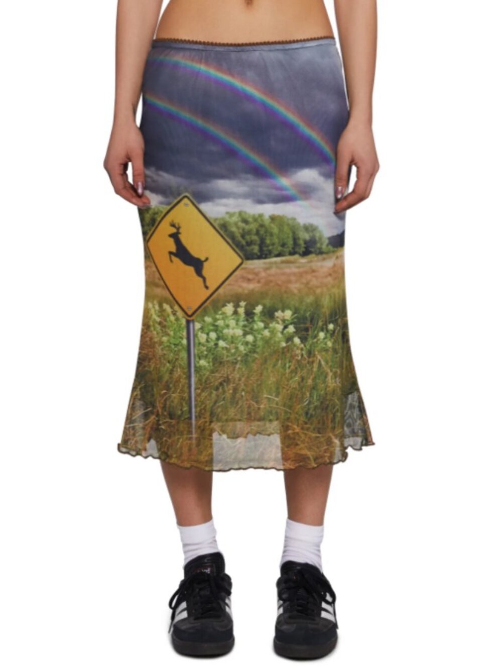 CURRENT MOOD Graphic Midi Skirt XXL Deer Crossing Rainbow Landscape Halloween